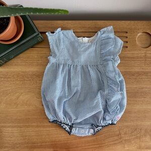 Pink Chicken Seersucker Ruffle Bubble Romper 3-6M Blue Stripe | Cottagecore